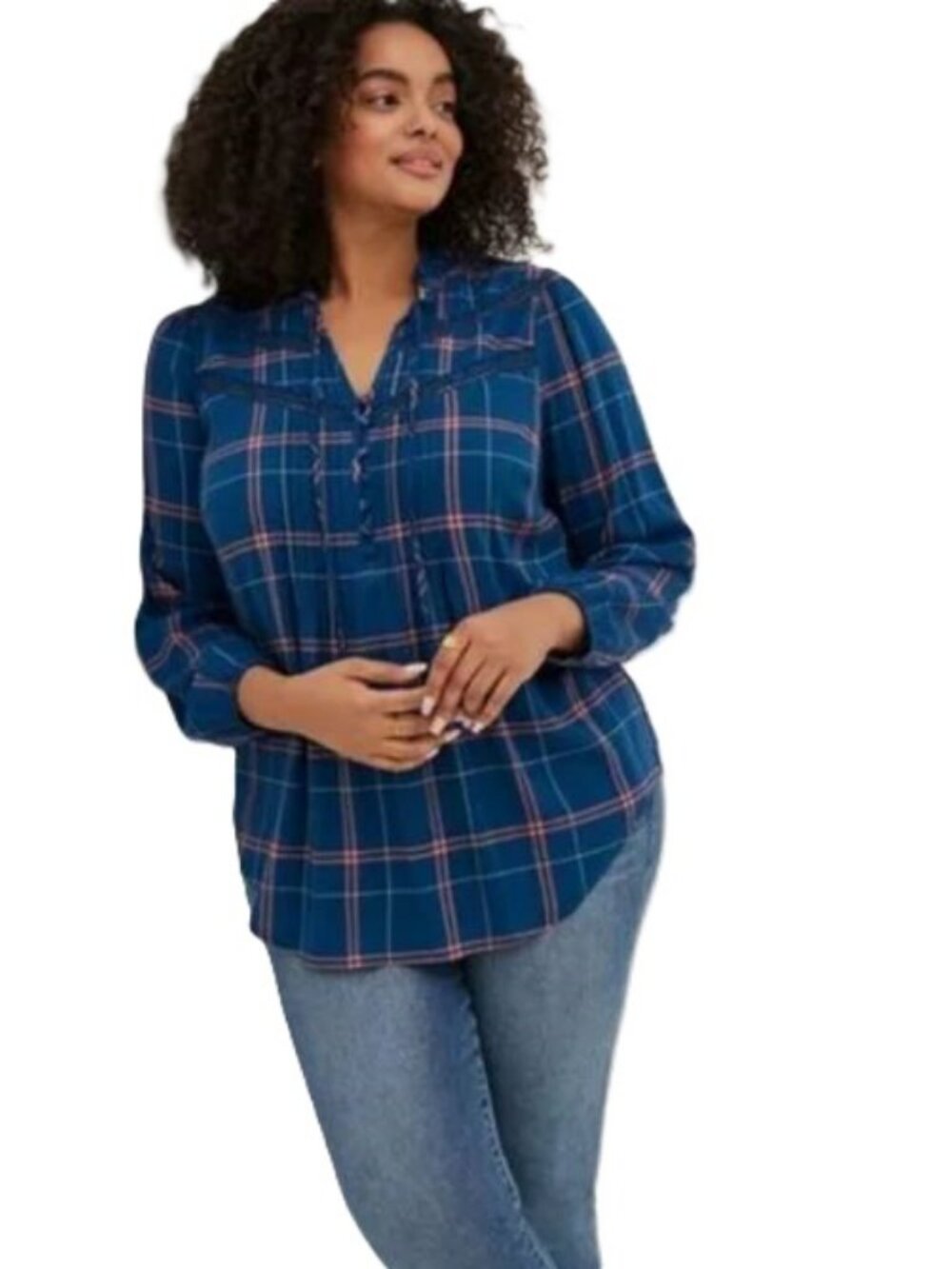 Torrid 1 1X NEW Lenny Blue Plaid Top Ruffle Crochet Lace Pintuck Pleats Plus